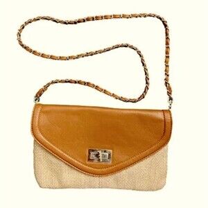 Apt 9 Womens Straw & Brown Leather Front Envelope Chain Strap Shoulder Bag NWOT